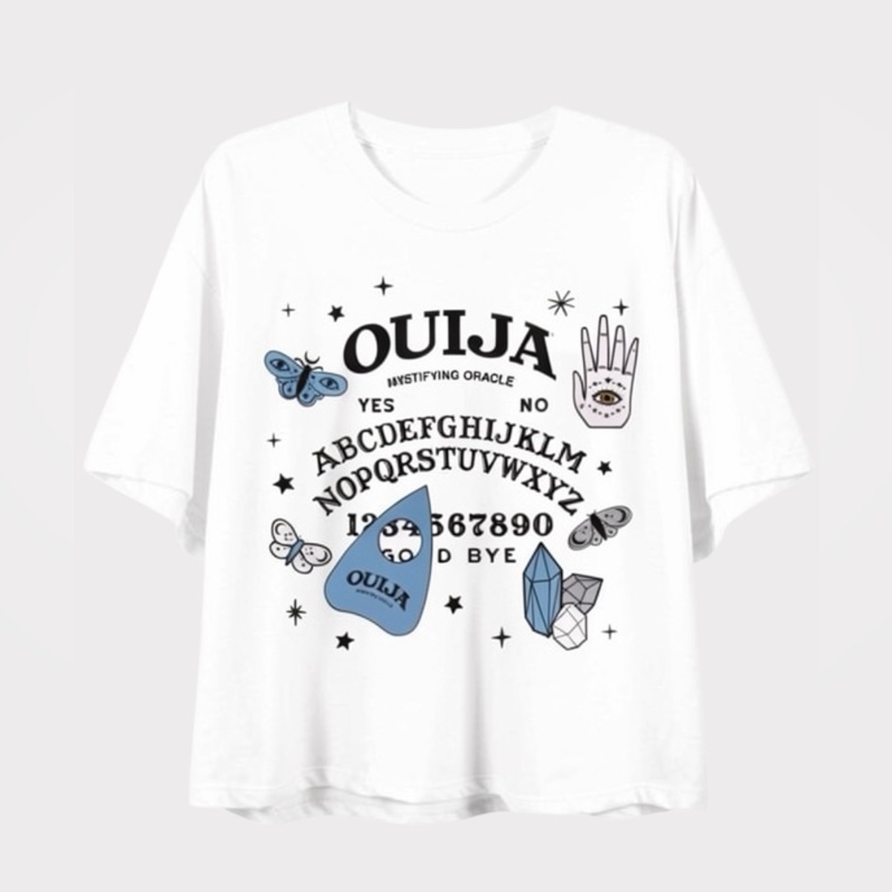 OUJIA BOARD brand Graphic Tee White with Blue Print Large cropped witchy shirt